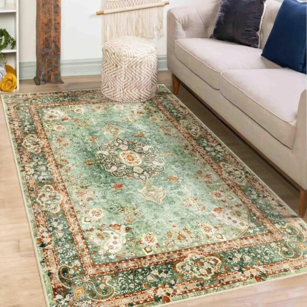 New 3x5 Green Area Rug, Washable Vintage Distressed Non-Slip Carpet for Home